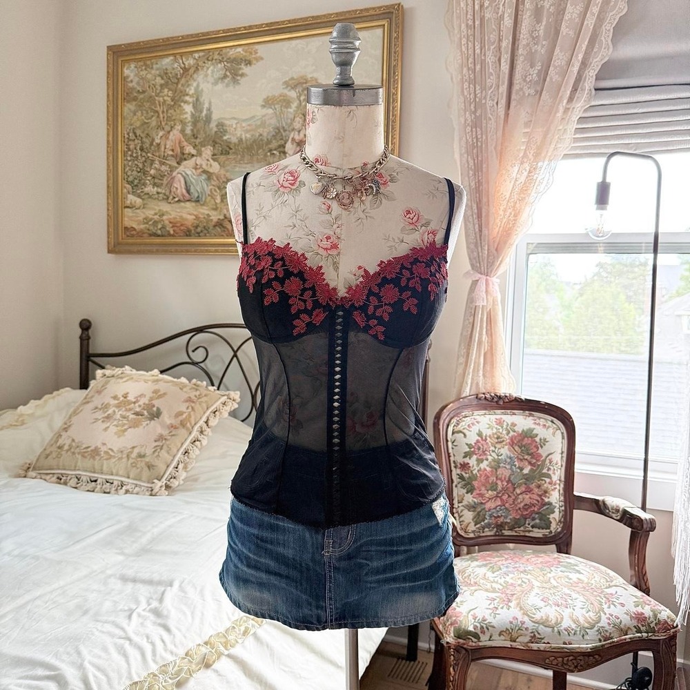 Y2K black lace corset Delicate size medium red embroidered mesh bustier